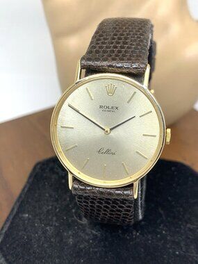 Rolex Watch 3833 Cellini 14k Gold Case Swiss Manual Wind Brown Leather Band 31mm